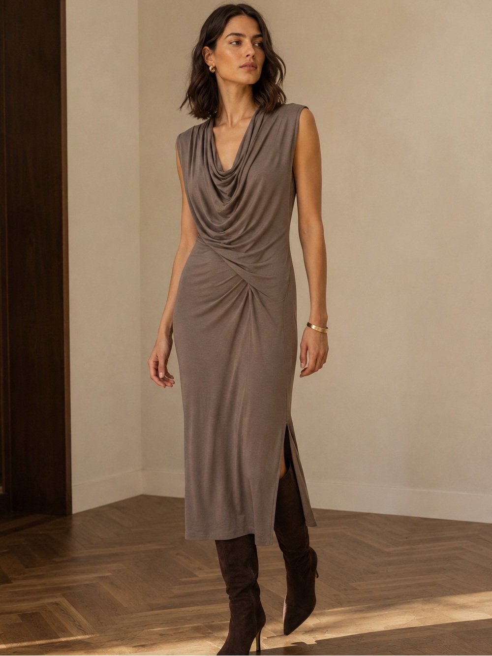 NWT Reiss Leanne Draped Cowl Neck Jersey Midi Dress Camel Medium